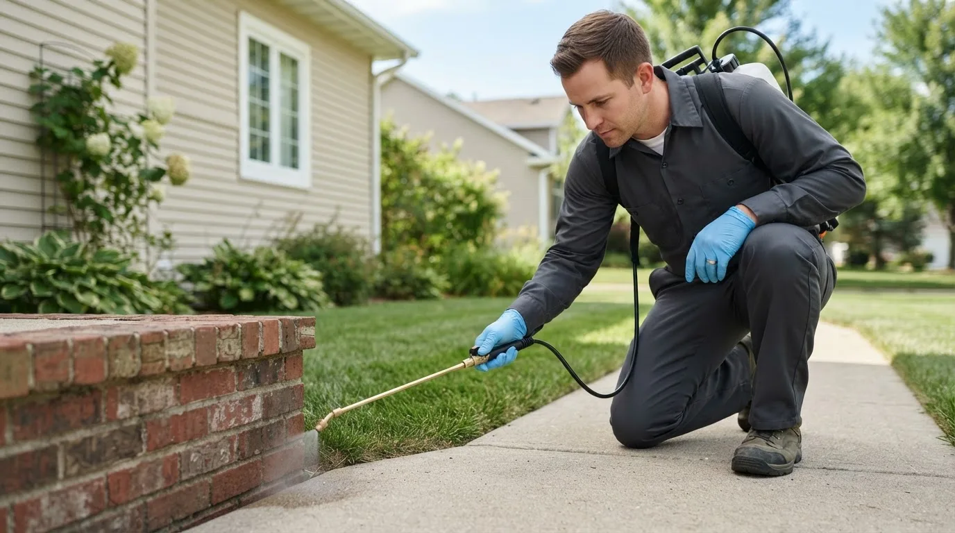 Pest control technician treating a home near Mullinville, KS